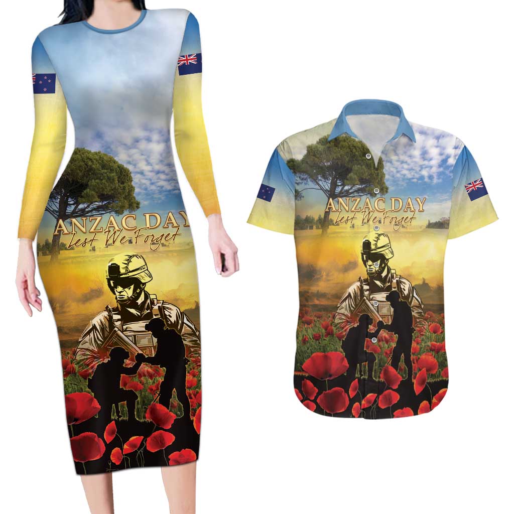 New Zealand ANZAC Day Couples Matching Long Sleeve Bodycon Dress and Hawaiian Shirt The Ode Remembrance And Poppy