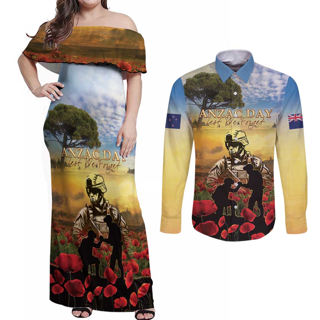 New Zealand ANZAC Day Couples Matching Off Shoulder Maxi Dress and Long Sleeve Button Shirt The Ode Remembrance And Poppy