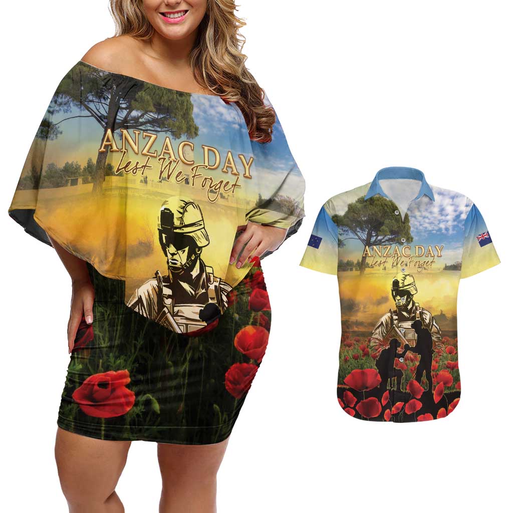 New Zealand ANZAC Day Couples Matching Off Shoulder Short Dress and Hawaiian Shirt The Ode Remembrance And Poppy