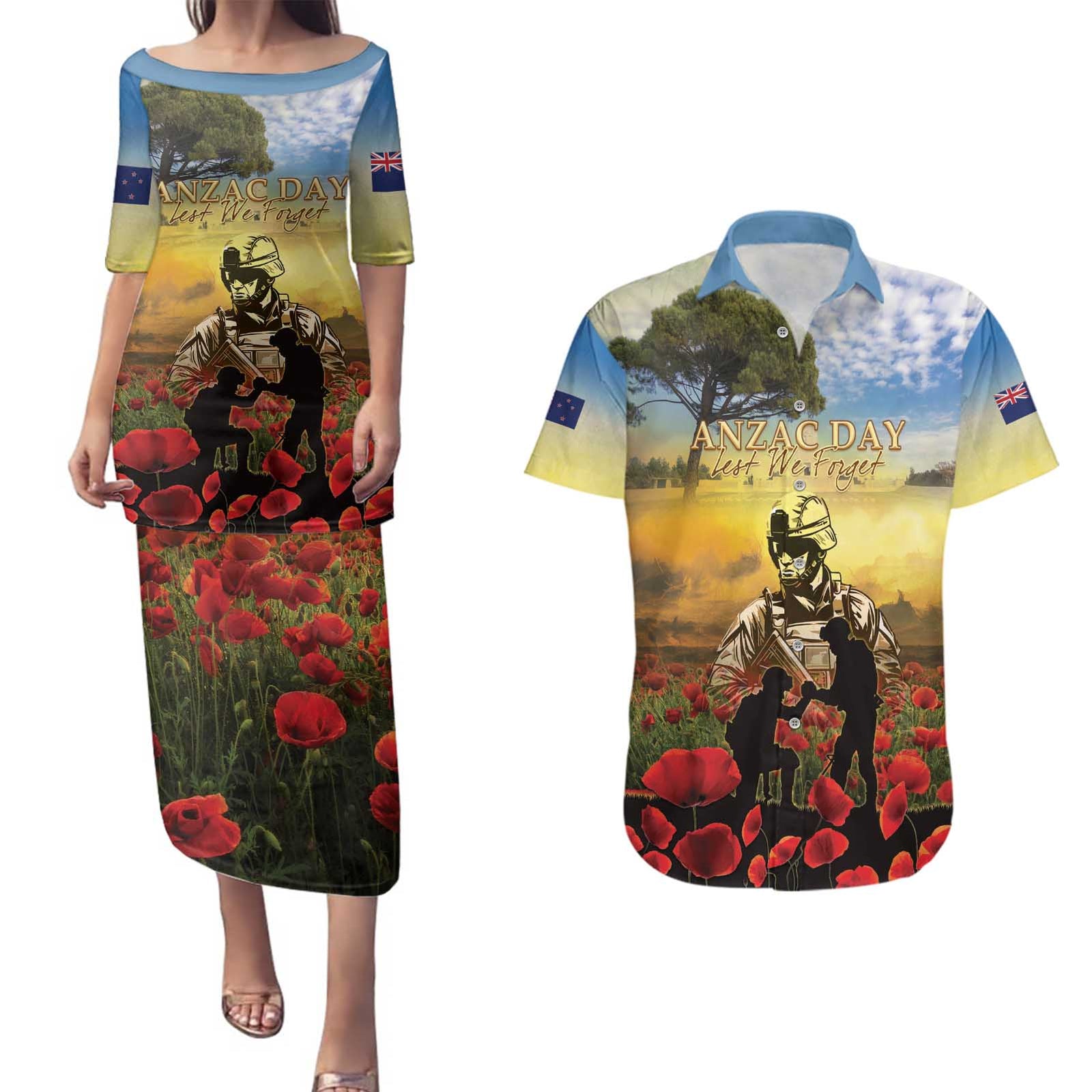 New Zealand ANZAC Day Couples Matching Puletasi and Hawaiian Shirt The Ode Remembrance And Poppy