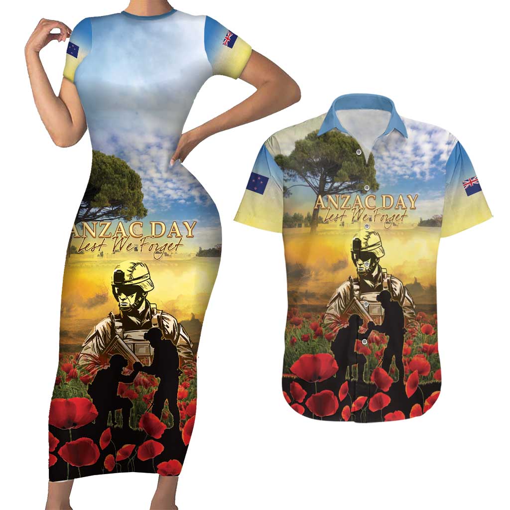 New Zealand ANZAC Day Couples Matching Short Sleeve Bodycon Dress and Hawaiian Shirt The Ode Remembrance And Poppy