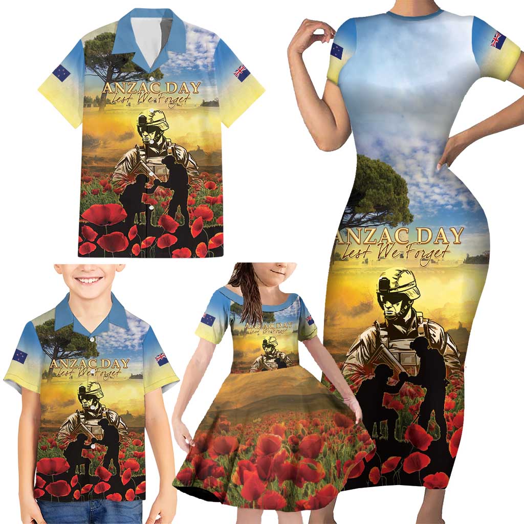 New Zealand ANZAC Day Family Matching Short Sleeve Bodycon Dress and Hawaiian Shirt The Ode Remembrance And Poppy