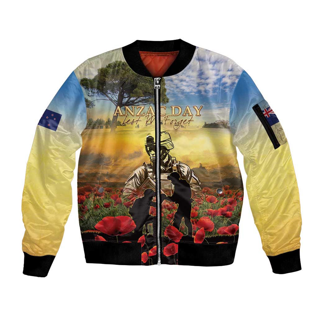 New Zealand ANZAC Day Sleeve Zip Bomber Jacket The Ode Remembrance And Poppy