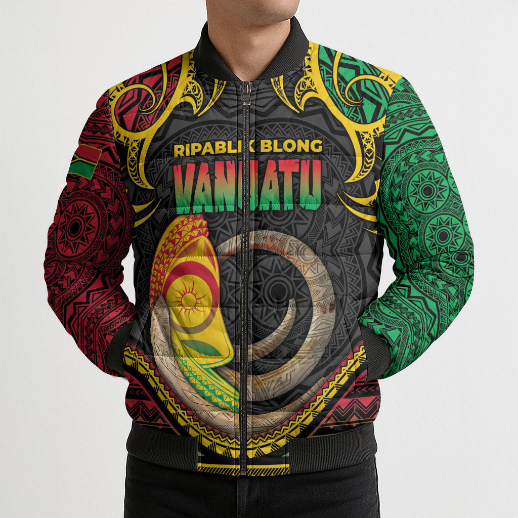 Vanuatu Language Week Bomber Puffer Jacket Boar Tusk Warrior Tribal Floral Pattern