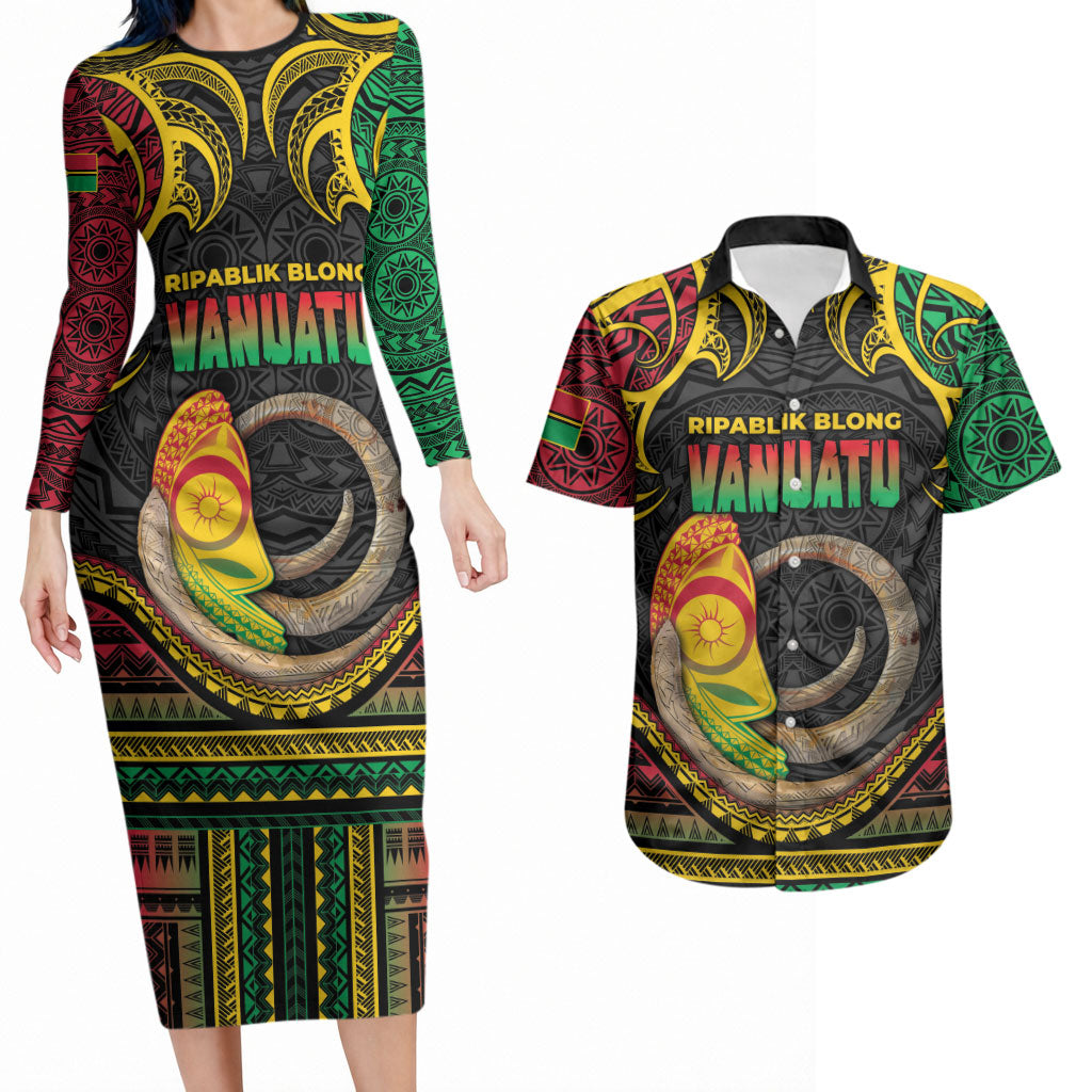 Vanuatu Language Week Couples Matching Long Sleeve Bodycon Dress and Hawaiian Shirt Boar Tusk Warrior Tribal Floral Pattern