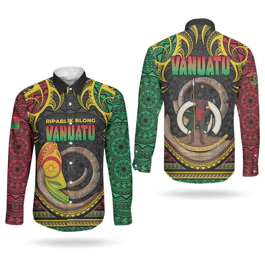 Vanuatu Language Week Couples Matching Mermaid Dress and Long Sleeve Button Shirt Boar Tusk Warrior Tribal Floral Pattern