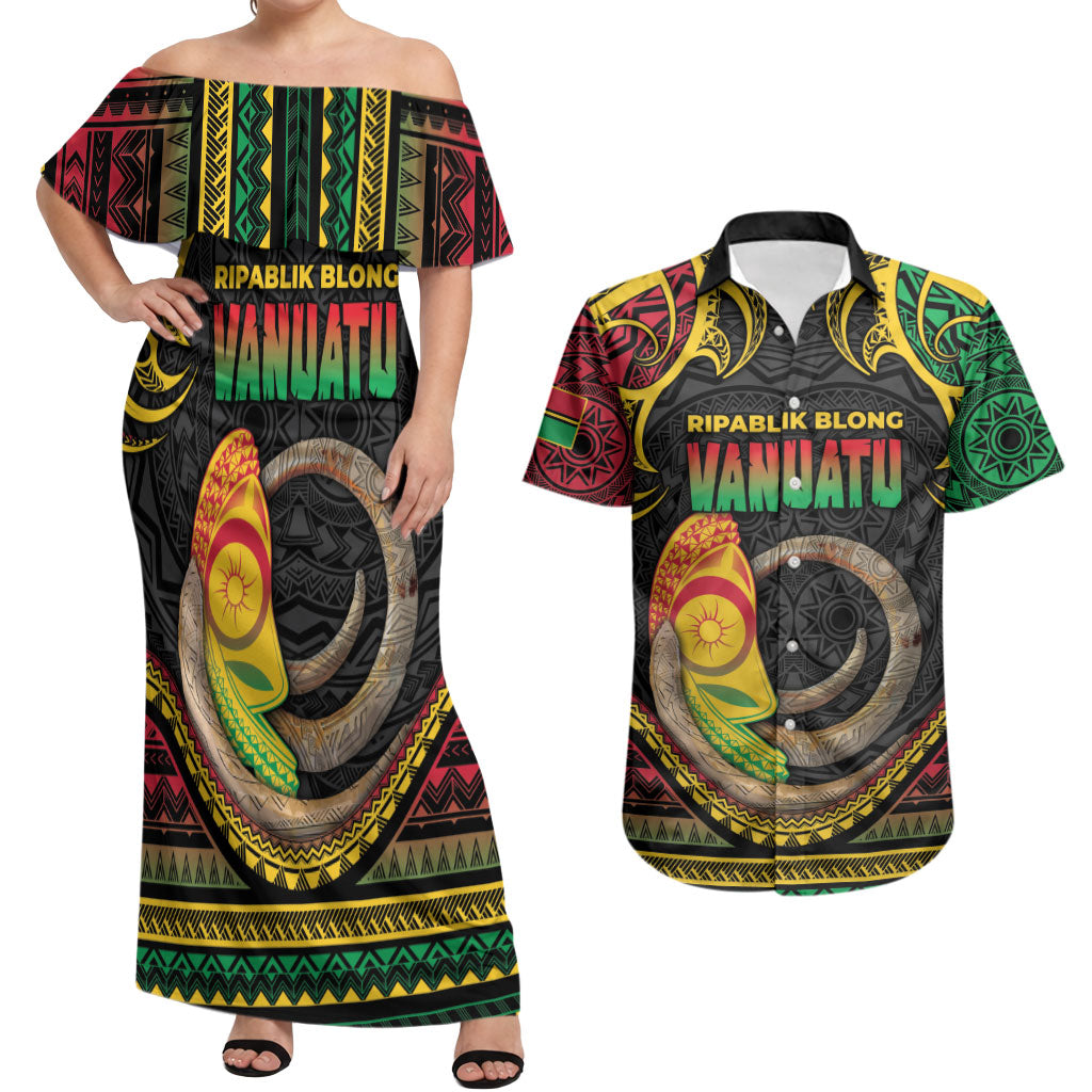 Vanuatu Language Week Couples Matching Off Shoulder Maxi Dress and Hawaiian Shirt Boar Tusk Warrior Tribal Floral Pattern DT05 Black - Polynesian Pride