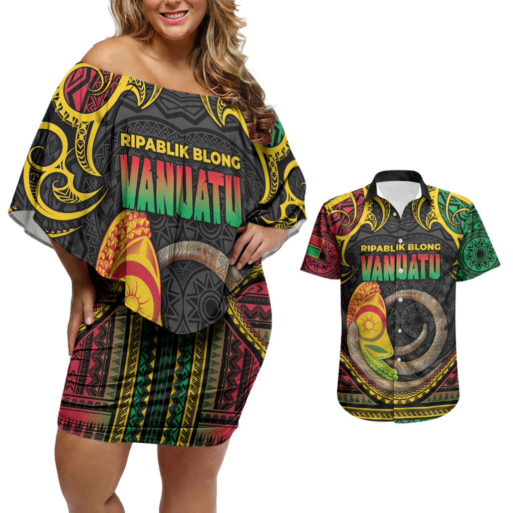 Vanuatu Language Week Couples Matching Off Shoulder Short Dress and Hawaiian Shirt Boar Tusk Warrior Tribal Floral Pattern DT05 Black - Polynesian Pride