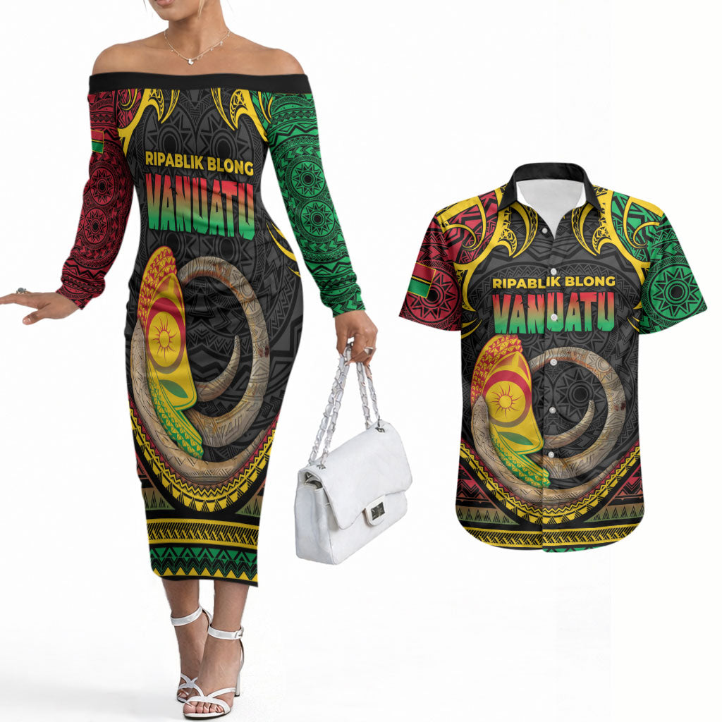 Vanuatu Language Week Couples Matching Off The Shoulder Long Sleeve Dress and Hawaiian Shirt Boar Tusk Warrior Tribal Floral Pattern DT05 Black - Polynesian Pride