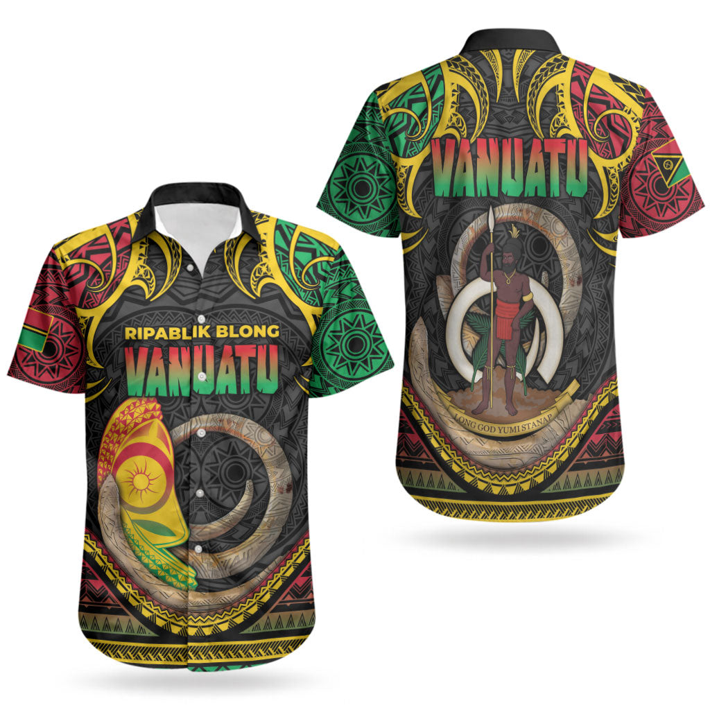Vanuatu Language Week Couples Matching Puletasi and Hawaiian Shirt Boar Tusk Warrior Tribal Floral Pattern