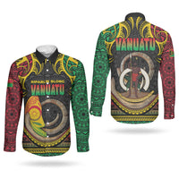 Vanuatu Language Week Couples Matching Puletasi and Long Sleeve Button Shirt Boar Tusk Warrior Tribal Floral Pattern