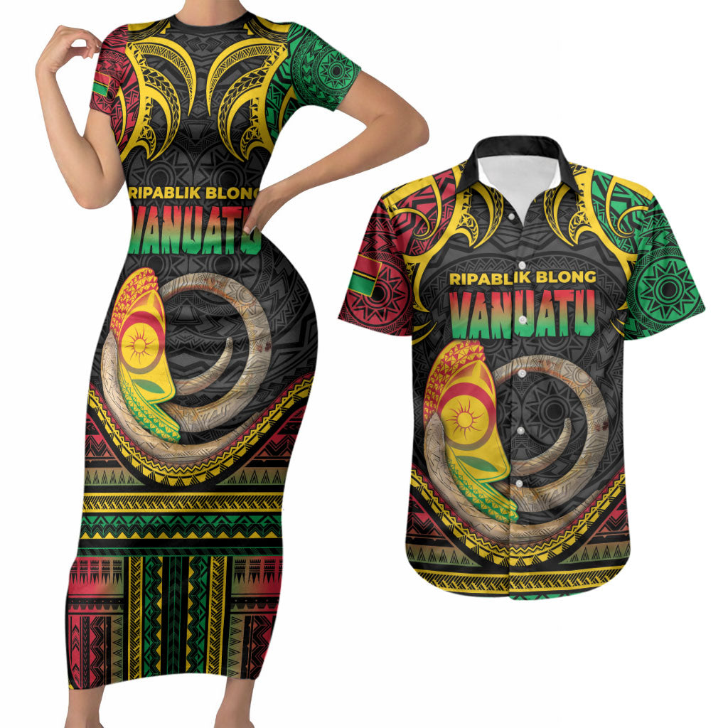 Vanuatu Language Week Couples Matching Short Sleeve Bodycon Dress and Hawaiian Shirt Boar Tusk Warrior Tribal Floral Pattern DT05 Black - Polynesian Pride