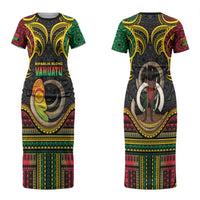 Vanuatu Language Week Couples Matching Short Sleeve Bodycon Dress and Hawaiian Shirt Boar Tusk Warrior Tribal Floral Pattern