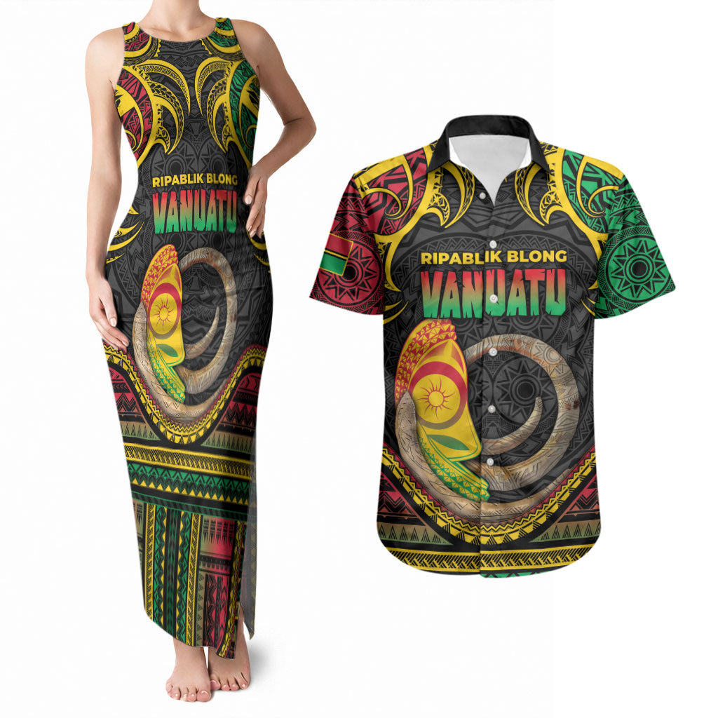 Vanuatu Language Week Couples Matching Tank Maxi Dress and Hawaiian Shirt Boar Tusk Warrior Tribal Floral Pattern