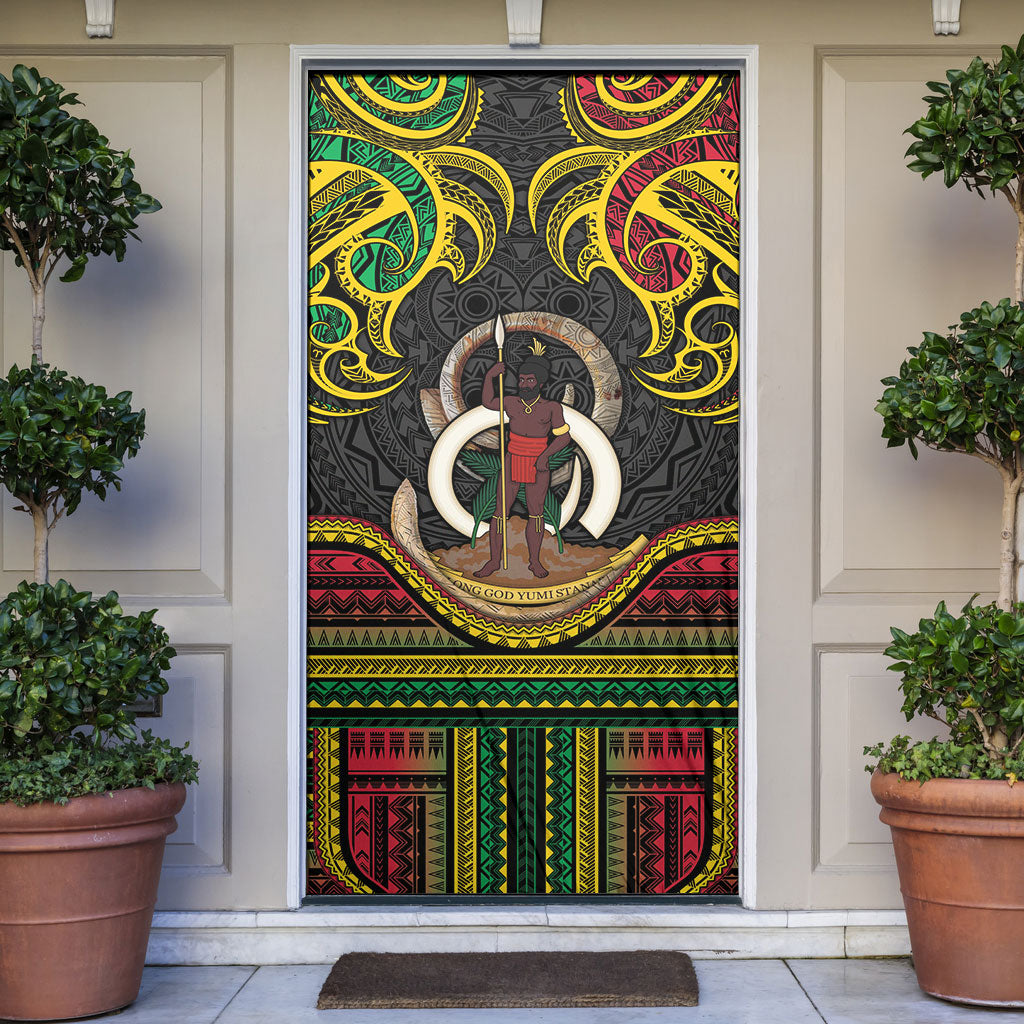 Vanuatu Language Week Door Cover Boar Tusk Warrior Tribal Floral Pattern DT05 Black - Polynesian Pride