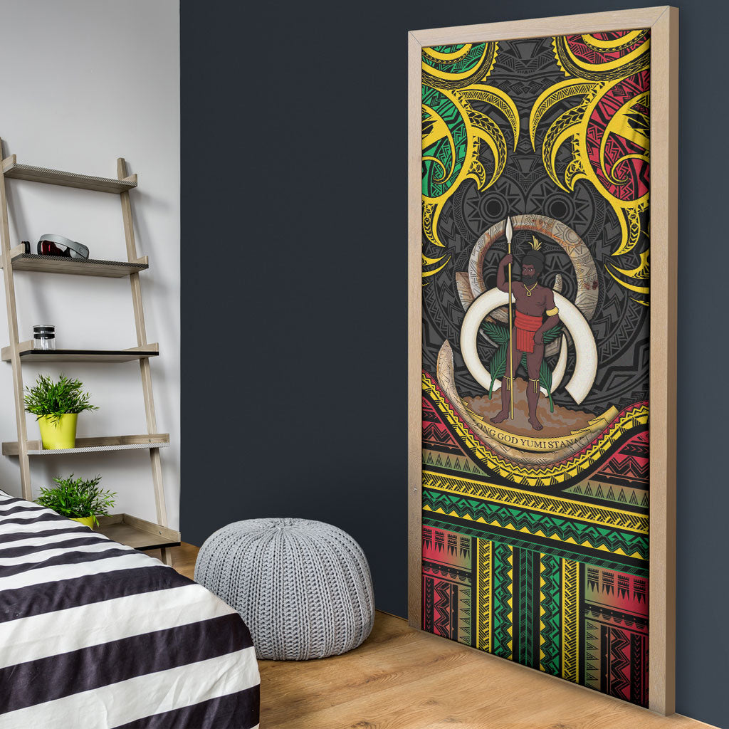 Vanuatu Language Week Door Cover Boar Tusk Warrior Tribal Floral Pattern
