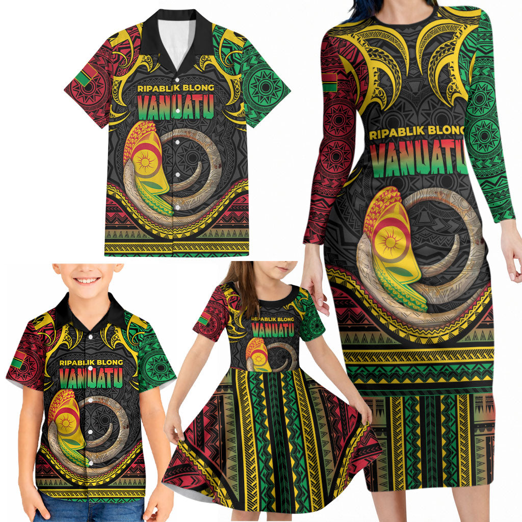 Vanuatu Language Week Family Matching Long Sleeve Bodycon Dress and Hawaiian Shirt Boar Tusk Warrior Tribal Floral Pattern DT05 - Polynesian Pride