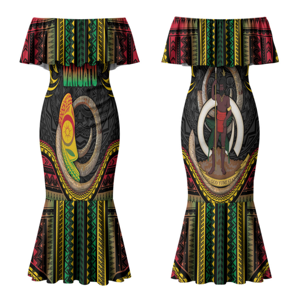 Vanuatu Language Week Family Matching Mermaid Dress and Hawaiian Shirt Boar Tusk Warrior Tribal Floral Pattern