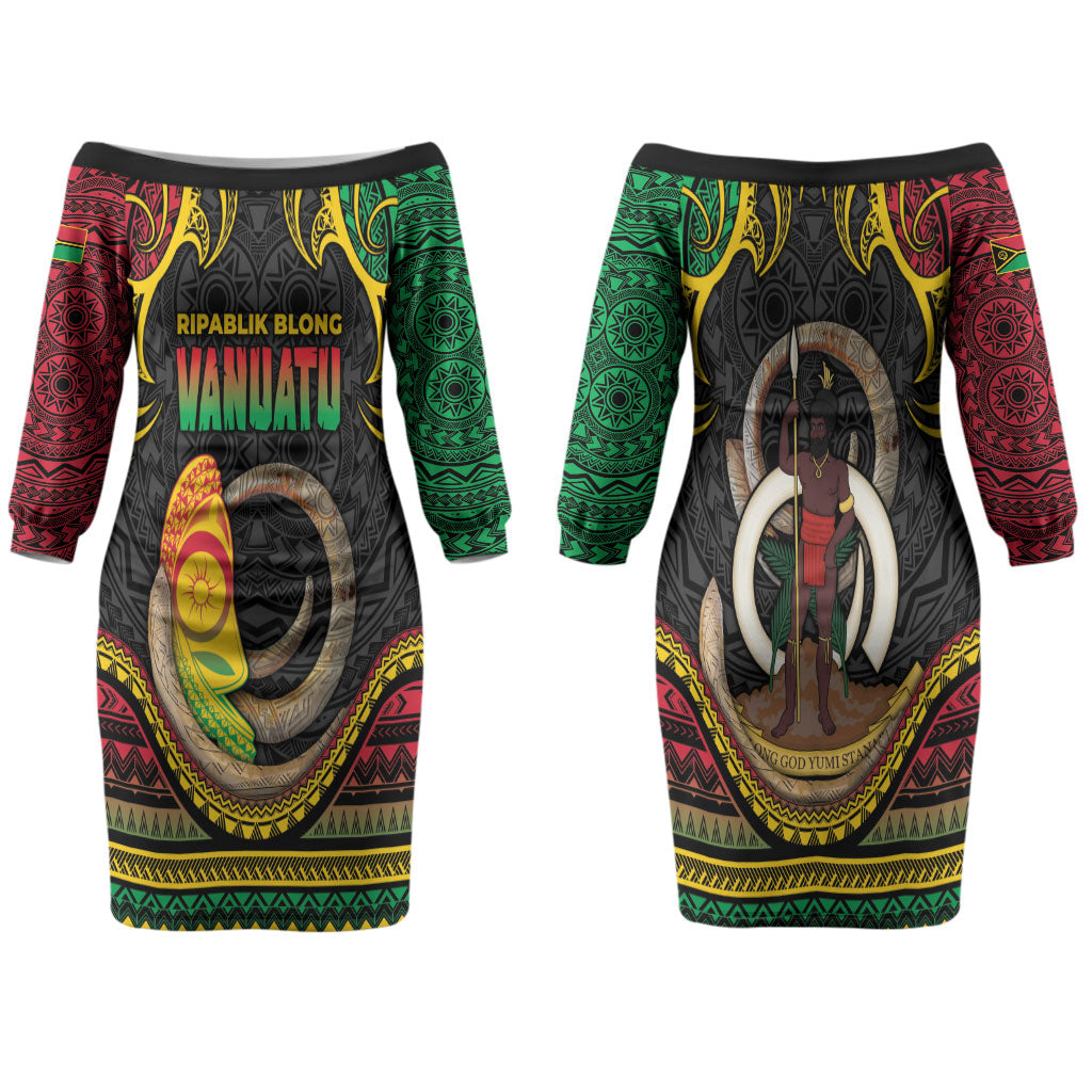 Vanuatu Language Week Family Matching Off The Shoulder Long Sleeve Dress and Hawaiian Shirt Boar Tusk Warrior Tribal Floral Pattern