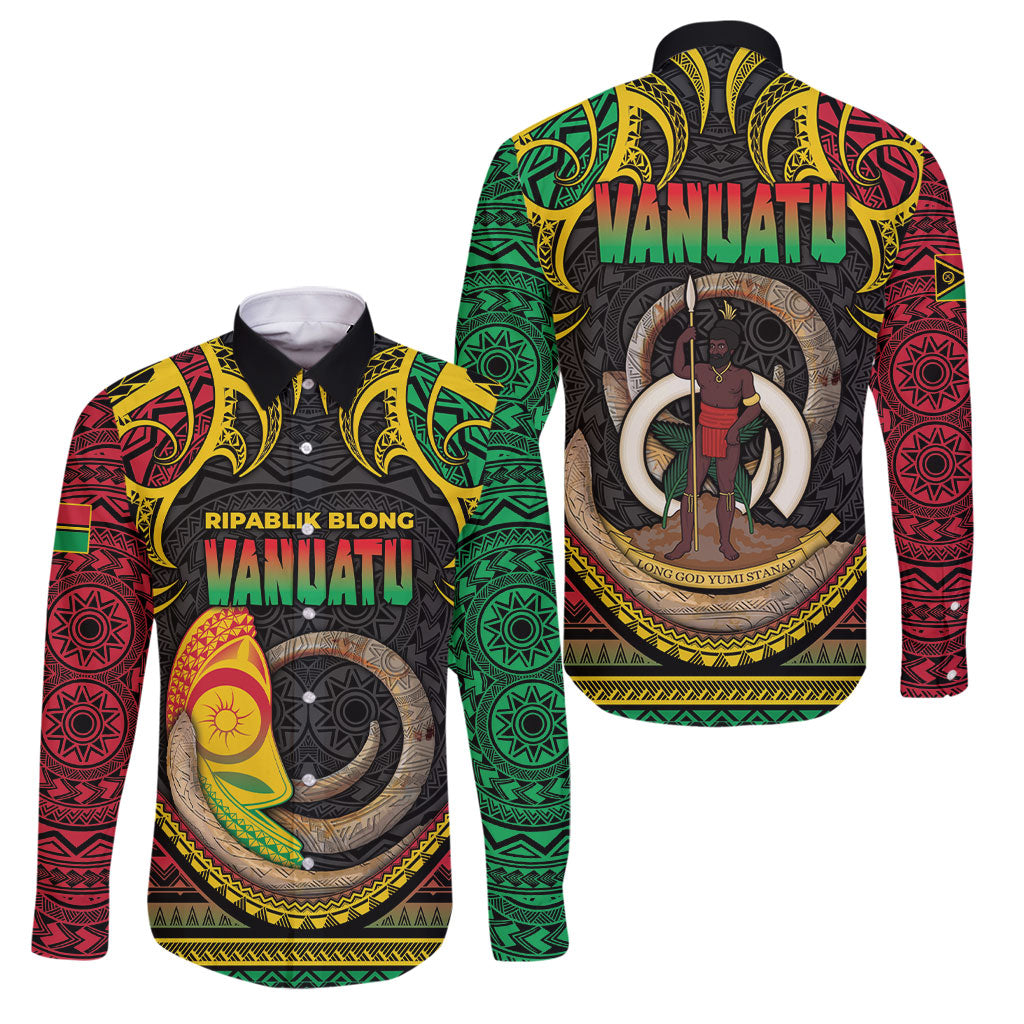 Vanuatu Language Week Family Matching Off The Shoulder Long Sleeve Dress and Hawaiian Shirt Boar Tusk Warrior Tribal Floral Pattern