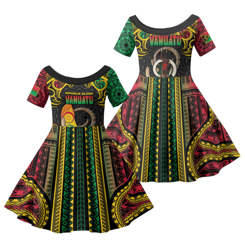 Vanuatu Language Week Family Matching Off The Shoulder Long Sleeve Dress and Hawaiian Shirt Boar Tusk Warrior Tribal Floral Pattern