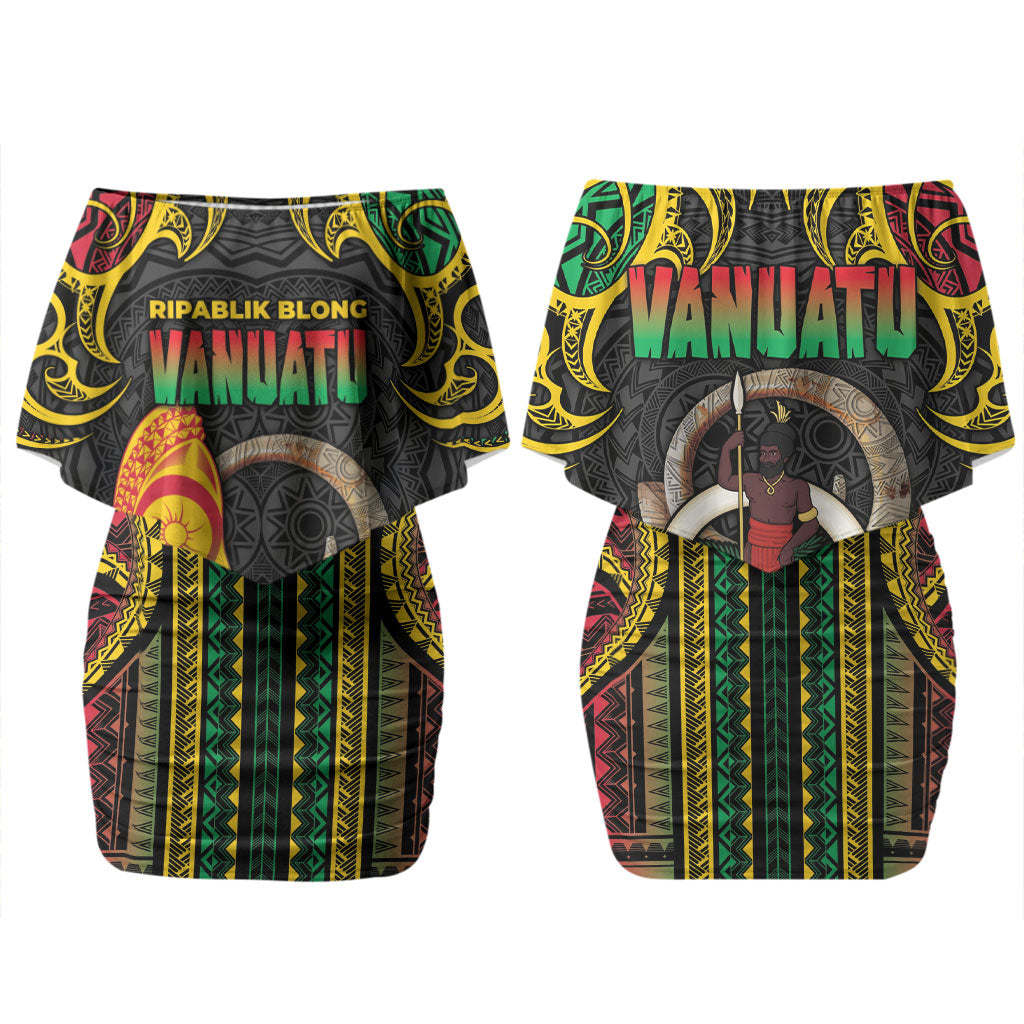 Vanuatu Language Week Family Matching Off Shoulder Short Dress and Hawaiian Shirt Boar Tusk Warrior Tribal Floral Pattern