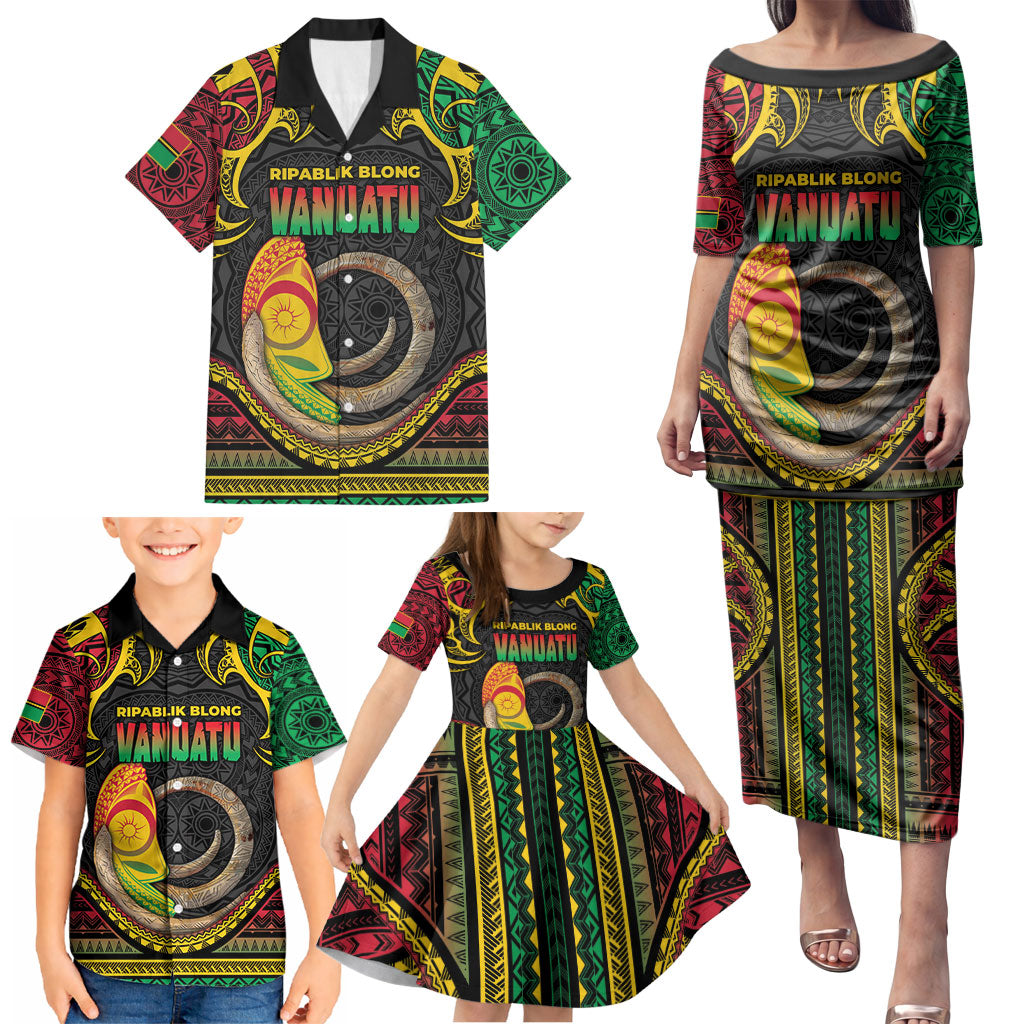 Vanuatu Language Week Family Matching Puletasi and Hawaiian Shirt Boar Tusk Warrior Tribal Floral Pattern