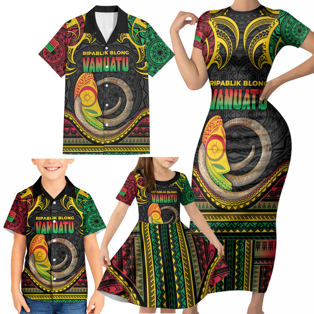 Vanuatu Language Week Family Matching Short Sleeve Bodycon Dress and Hawaiian Shirt Boar Tusk Warrior Tribal Floral Pattern DT05 - Polynesian Pride