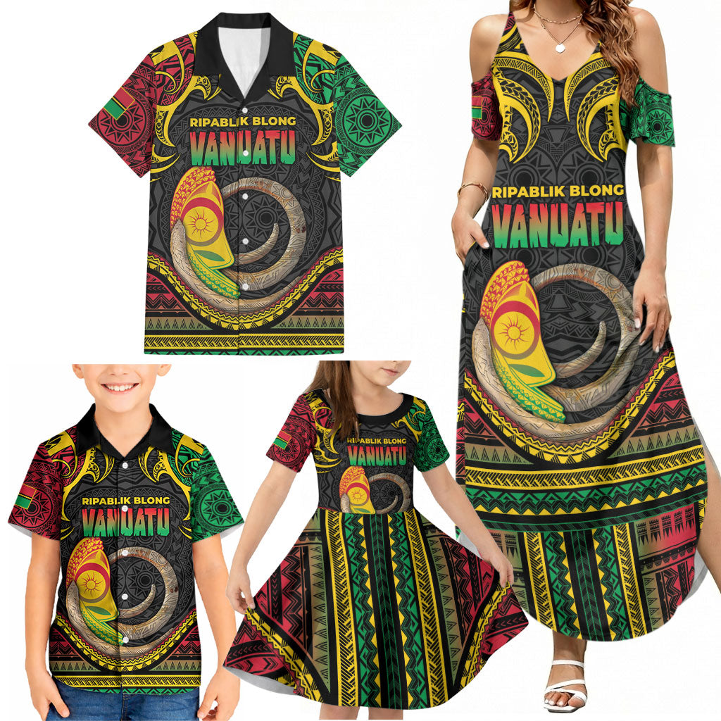 Vanuatu Language Week Family Matching Summer Maxi Dress and Hawaiian Shirt Boar Tusk Warrior Tribal Floral Pattern DT05 - Polynesian Pride
