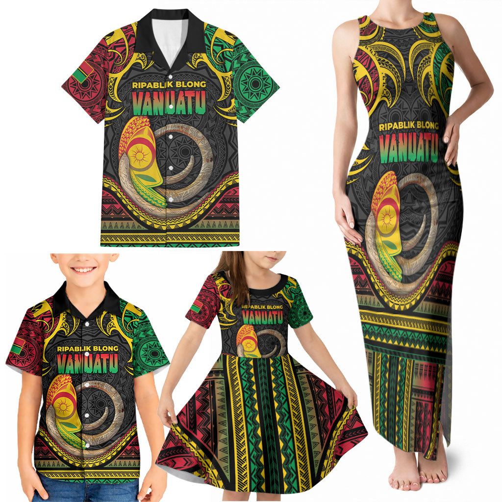 Vanuatu Language Week Family Matching Tank Maxi Dress and Hawaiian Shirt Boar Tusk Warrior Tribal Floral Pattern
