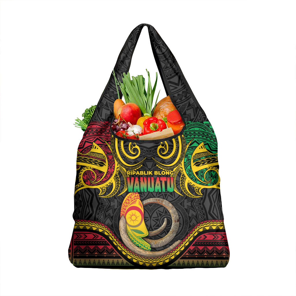 Vanuatu Language Week Grocery Bag Boar Tusk Warrior Tribal Floral Pattern