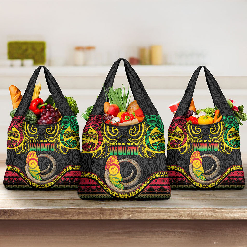 Vanuatu Language Week Grocery Bag Boar Tusk Warrior Tribal Floral Pattern