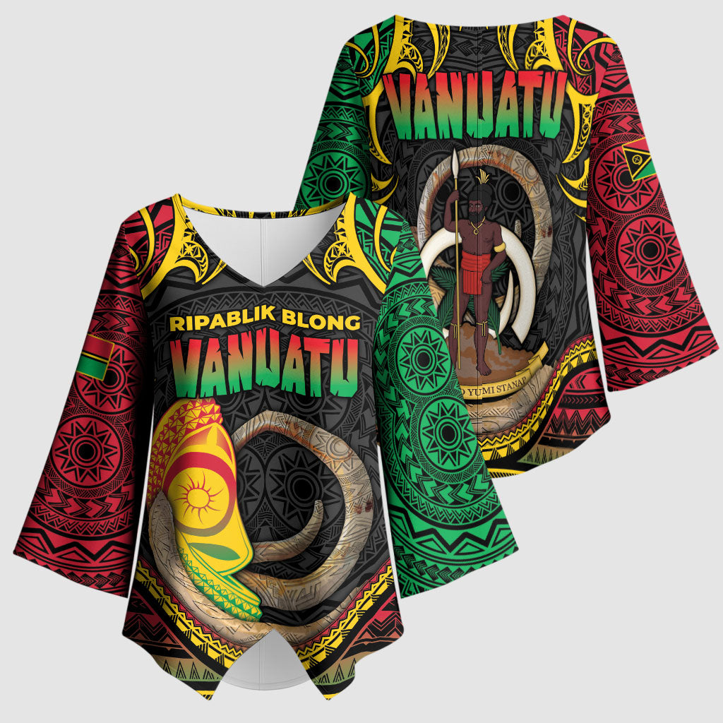 Vanuatu Language Week Kimono Sleeve Blouse Boar Tusk Warrior Tribal Floral Pattern