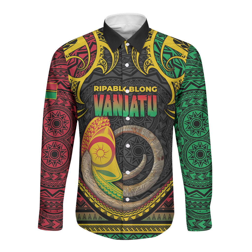 Vanuatu Language Week Long Sleeve Button Shirt Boar Tusk Warrior Tribal Floral Pattern DT05 Unisex Black - Polynesian Pride