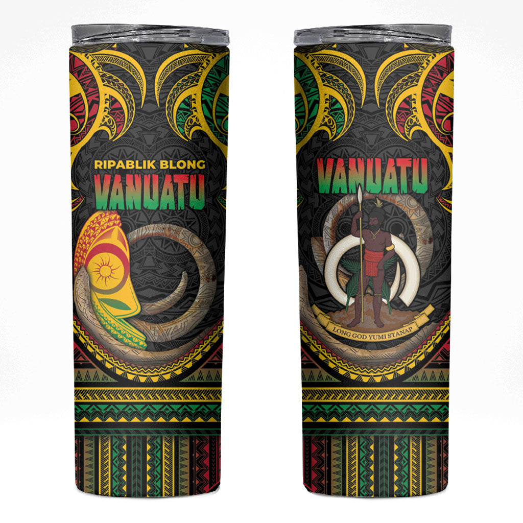 Vanuatu Language Week Skinny Tumbler Boar Tusk Warrior Tribal Floral Pattern DT05 Black - Polynesian Pride