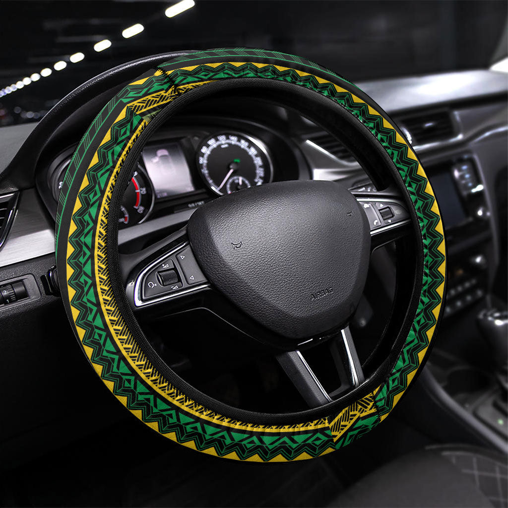 Vanuatu Language Week Steering Wheel Cover Boar Tusk Warrior Tribal Floral Pattern DT05 Universal Fit Black - Polynesian Pride