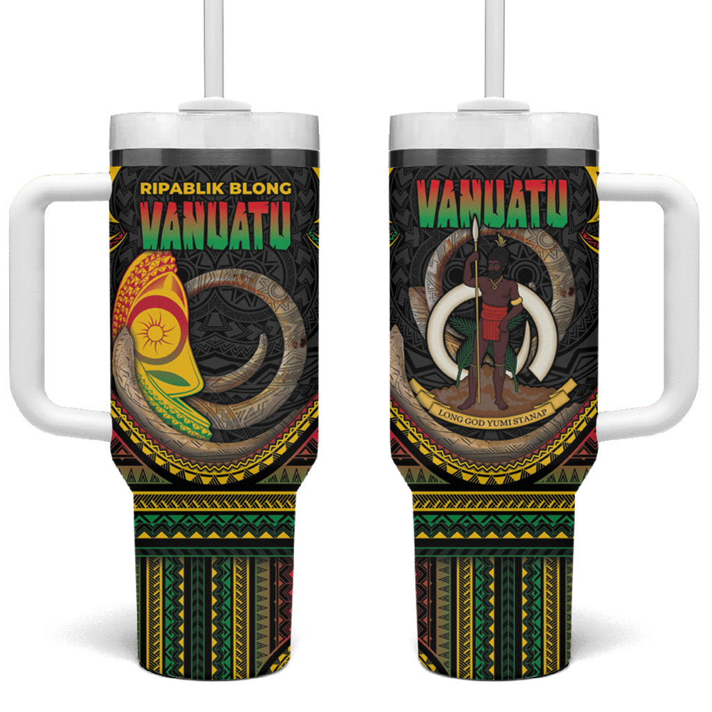 Vanuatu Language Week Tumbler With Handle Boar Tusk Warrior Tribal Floral Pattern DT05 One Size: 40 oz Black - Polynesian Pride