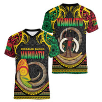 Vanuatu Language Week Women V-Neck T-Shirt Boar Tusk Warrior Tribal Floral Pattern