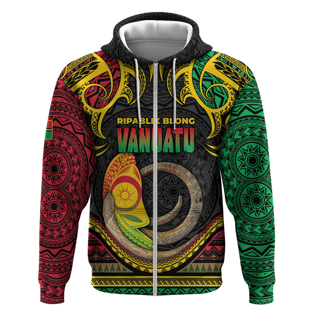 Vanuatu Language Week Zip Hoodie Boar Tusk Warrior Tribal Floral Pattern DT05 Zip Hoodie Black - Polynesian Pride