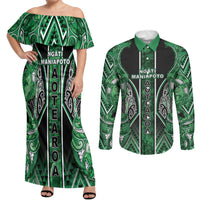 Aotearoa Ngati Maniapoto Couples Matching Off Shoulder Maxi Dress and Long Sleeve Button Shirt Maori Tribal Green Paua Shell Pattern DT05 Green - Polynesian Pride