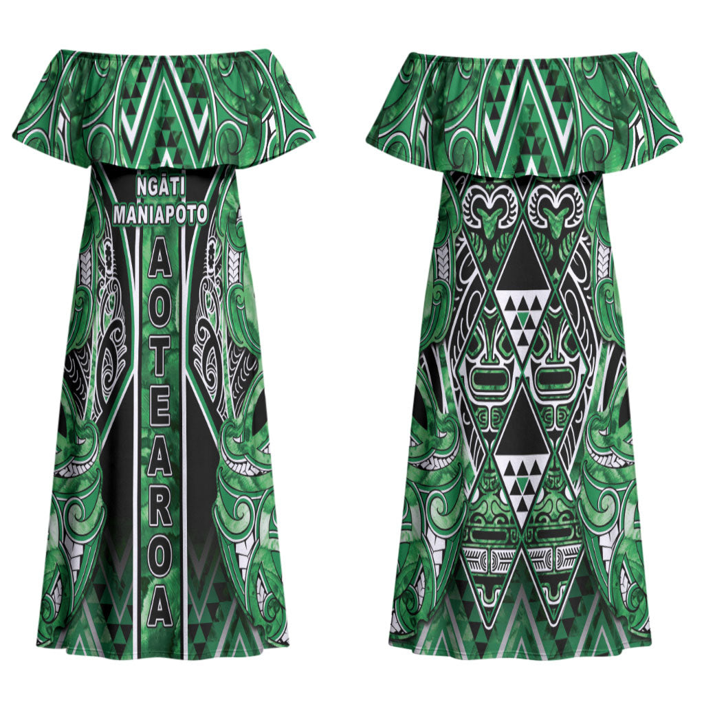 Aotearoa Ngati Maniapoto Couples Matching Off Shoulder Maxi Dress and Long Sleeve Button Shirt Maori Tribal Green Paua Shell Pattern DT05 - Polynesian Pride