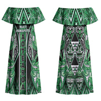 Aotearoa Ngati Maniapoto Couples Matching Off Shoulder Maxi Dress and Long Sleeve Button Shirt Maori Tribal Green Paua Shell Pattern DT05 - Polynesian Pride