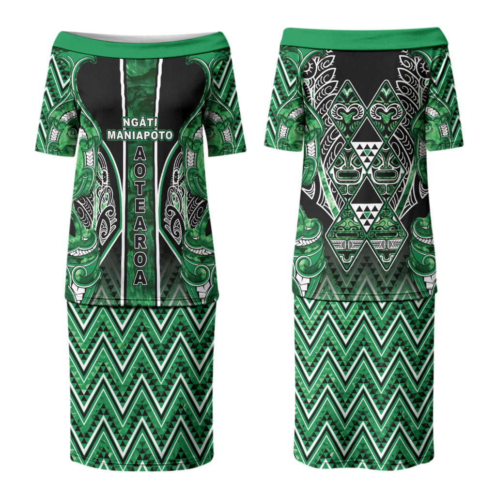 Aotearoa Ngati Maniapoto Couples Matching Puletasi and Long Sleeve Button Shirt Maori Tribal Green Paua Shell Pattern DT05 - Polynesian Pride