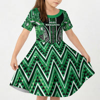 Aotearoa Ngati Maniapoto Kid Short Sleeve Dress Maori Tribal Green Paua Shell Pattern DT05 KID Green - Polynesian Pride