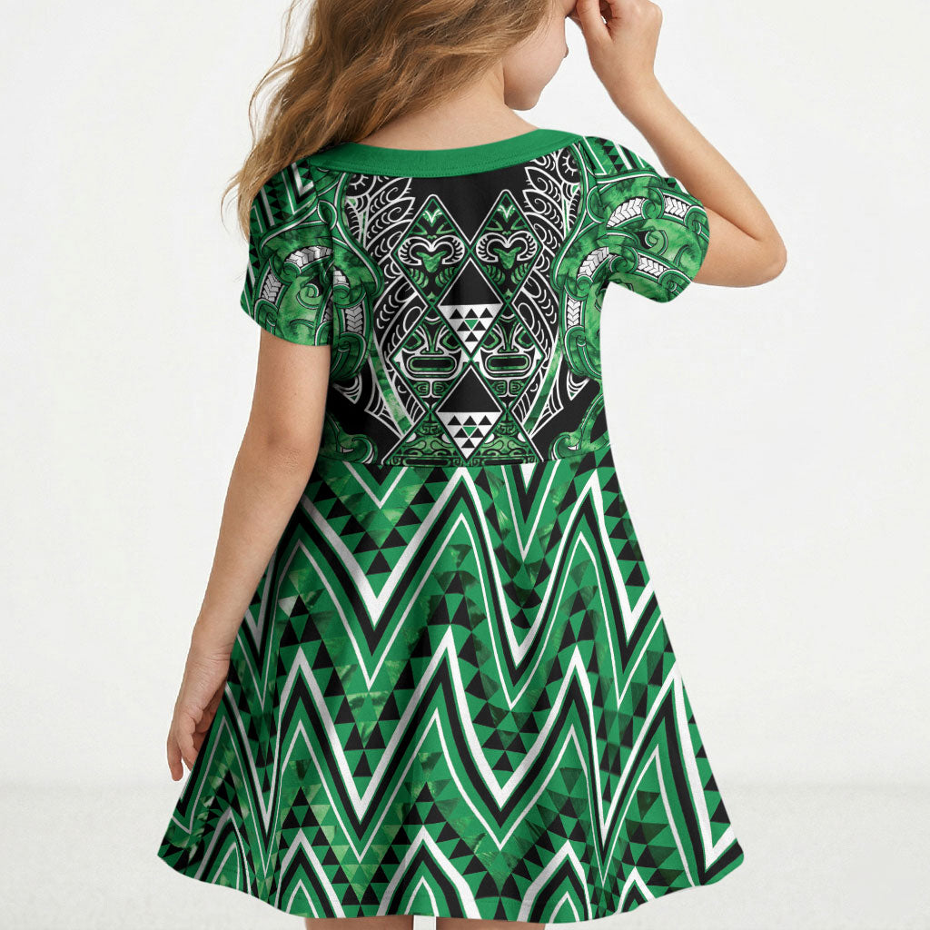 Aotearoa Ngati Maniapoto Kid Short Sleeve Dress Maori Tribal Green Paua Shell Pattern DT05 - Polynesian Pride