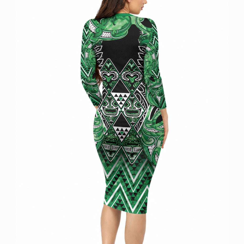Aotearoa Ngati Maniapoto Long Sleeve Bodycon Dress Maori Tribal Green Paua Shell Pattern DT05 - Polynesian Pride