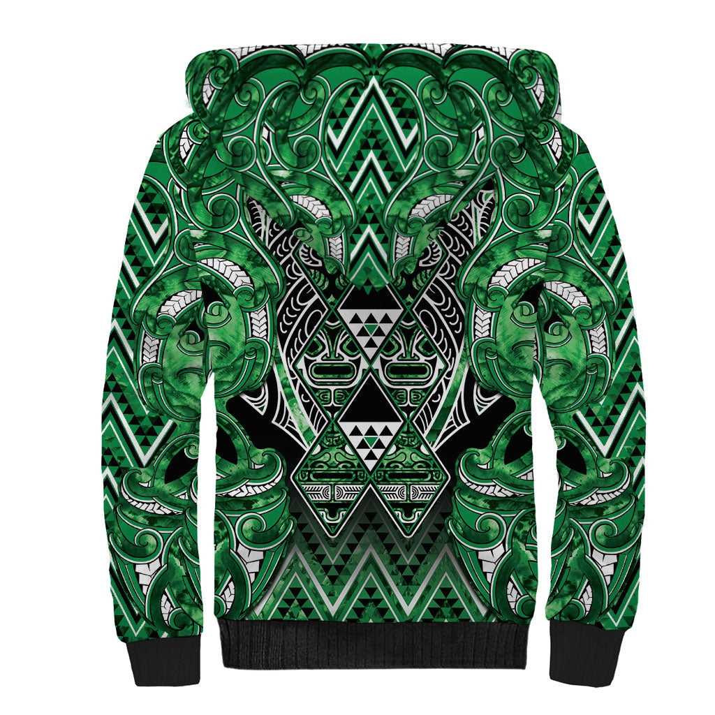 Aotearoa Ngati Maniapoto Sherpa Hoodie Maori Tribal Green Paua Shell Pattern DT05 - Polynesian Pride