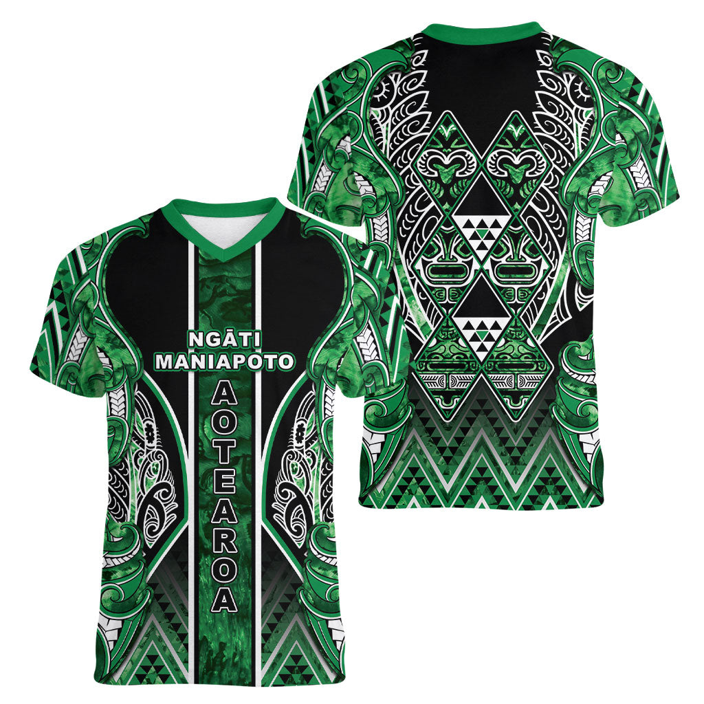 Aotearoa Ngati Maniapoto Women V-Neck T-Shirt Maori Tribal Green Paua Shell Pattern DT05 - Polynesian Pride