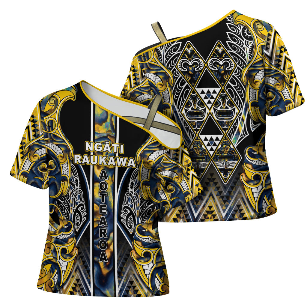 Aotearoa Ngati Raukawa Cross Shoulder Shirt Maori Tribal Yellow And Navy Paua Shell Pattern DT05 - Polynesian Pride