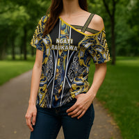 Aotearoa Ngati Raukawa Cross Shoulder Shirt Maori Tribal Yellow And Navy Paua Shell Pattern DT05 - Polynesian Pride